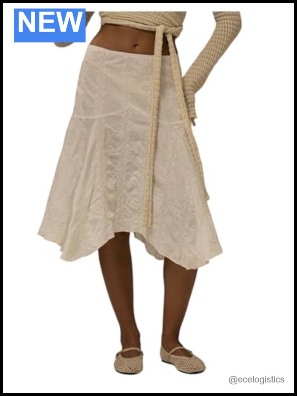 A-Line Midi Skirt Ruffle Low Rise Eyelet Embroidery Summer Boho